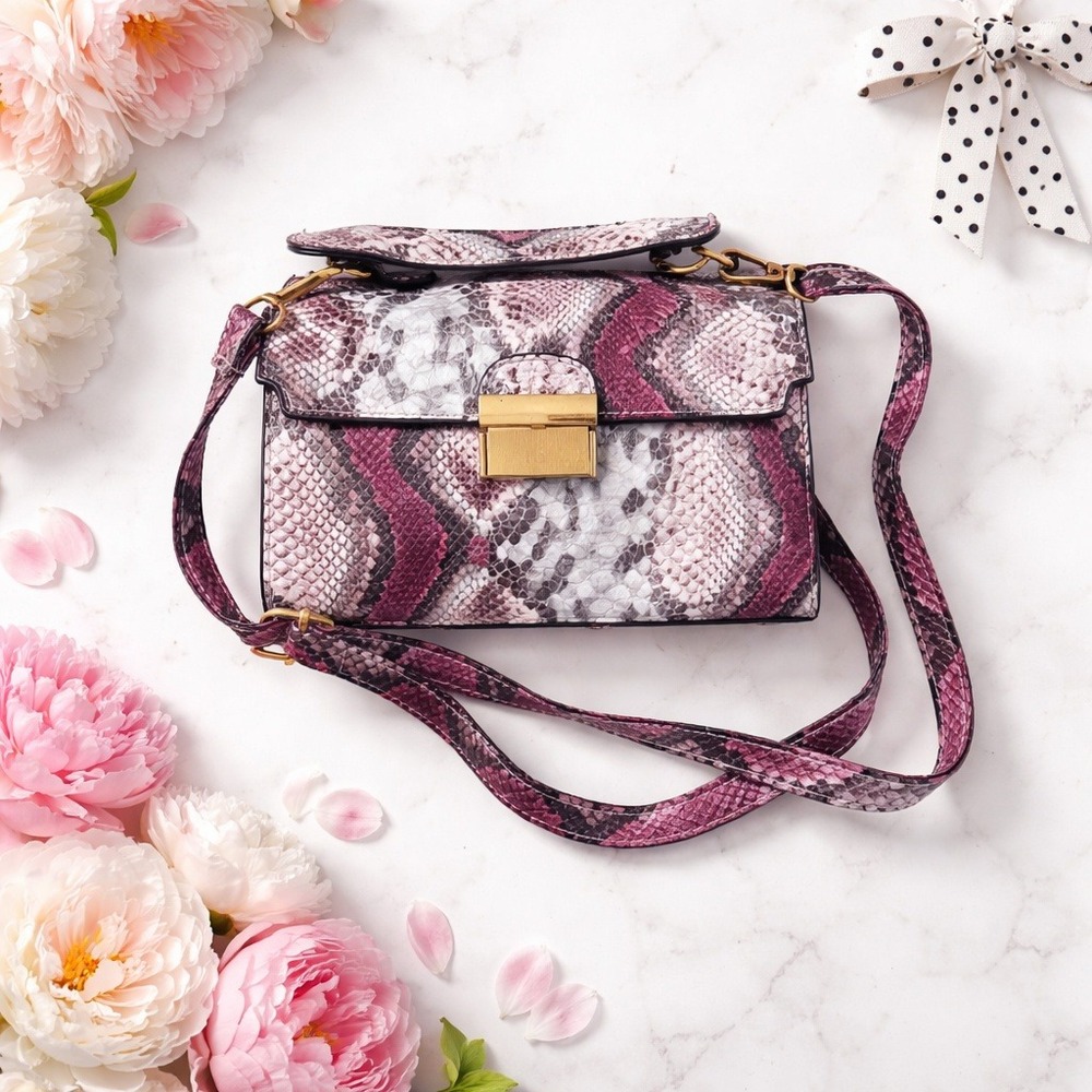 Snakeskin Print Crossbody Bag Purple Grey Faux Leather Gold Hardware Satchel - Picture 1 of 10